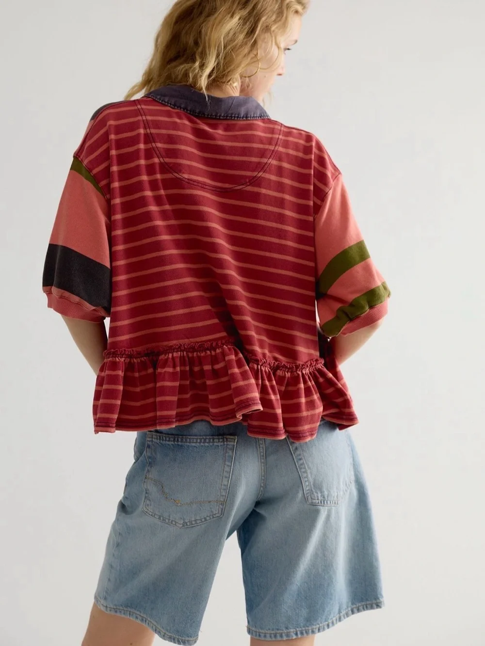 Free People Coral Rugby Polo with Olive and Charcoal Stripes